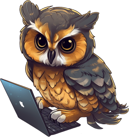 Sova DataScope, maskot Tableau školení, pracuje na notebooku